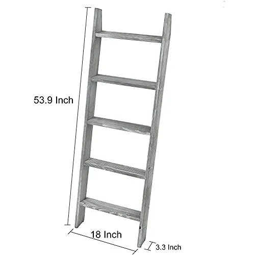 Liry Products Rustic Stone Gray Wood Wall Leaning Ladder Wooden Display Rack 4.5 Feet Blanket Quilt Scarf Towel Laundry Decor 5 Rungs Farmhouse Country Style Home Bathroom Kitchen Bedroom Living Room