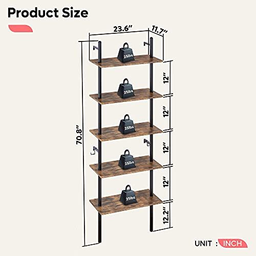 Bestier 70  Wall-Mounted Ladder Shelf 5 Tier Bookshelf with Storage Organizer Plant Flower Display Stand Bookcase Rack with 2 Hooks for Home Office, Rustic Brown