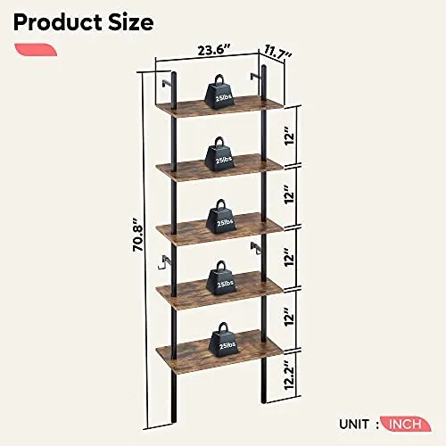 Bestier 70  Wall-Mounted Ladder Shelf 5 Tier Bookshelf with Storage Organizer Plant Flower Display Stand Bookcase Rack with 2 Hooks for Home Office, Rustic Brown