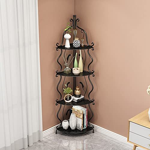 CNNINGYI Tall Matel Corner Shelf, 4 Tier Modern Corner Bookshelf Industrial Corner Ladder Shelf Small Bookcase Plant Stand for Living Room, Kitchen, Home Office (Black)
