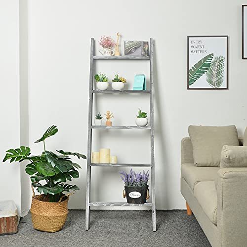 Liry Products Rustic Stone Gray Wood Wall Leaning Ladder Wooden Display Rack 4.5 Feet Blanket Quilt Scarf Towel Laundry Decor 5 Rungs Farmhouse Country Style Home Bathroom Kitchen Bedroom Living Room