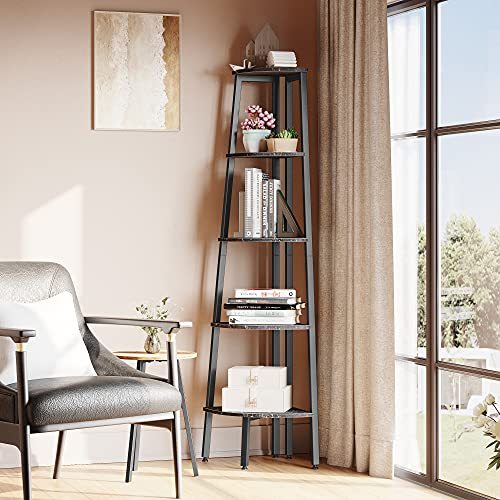 CubiCubi Ladder Shelf, 5-Tier Corner Shelf Stand, Small Space Storage Rack Shelves, Plant Flower Stand, Multipurpose Organizer Rack, Industrial Metal Frame Furniture Black Marble