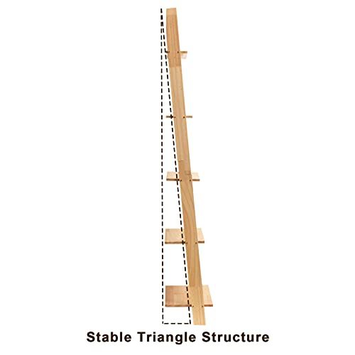 PARANTA Wooden 5-Tier Ladder Shelf Bookshelf, Wall-Leaning Bookcase, Plant Flower Stand, Corner Display Rack for Living Room Bathroom Office, Natural