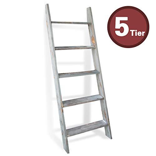 Honest Blanket Ladder Wooden Decorative, Rustic Blanket Ladder,Farmhouse Blanket Holder Rack, Wall Leaning Ladders, Ladder Shelf Stand,Grey