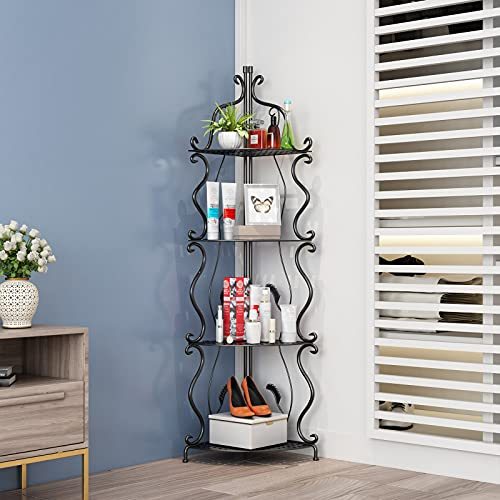 CNNINGYI Tall Matel Corner Shelf, 4 Tier Modern Corner Bookshelf Industrial Corner Ladder Shelf Small Bookcase Plant Stand for Living Room, Kitchen, Home Office (Black)