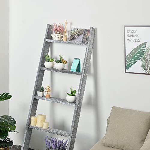 Liry Products Rustic Stone Gray Wood Wall Leaning Ladder Wooden Display Rack 4.5 Feet Blanket Quilt Scarf Towel Laundry Decor 5 Rungs Farmhouse Country Style Home Bathroom Kitchen Bedroom Living Room
