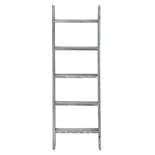 Liry Products Rustic Stone Gray Wood Wall Leaning Ladder Wooden Display Rack 4.5 Feet Blanket Quilt Scarf Towel Laundry Decor 5 Rungs Farmhouse Country Style Home Bathroom Kitchen Bedroom Living Room