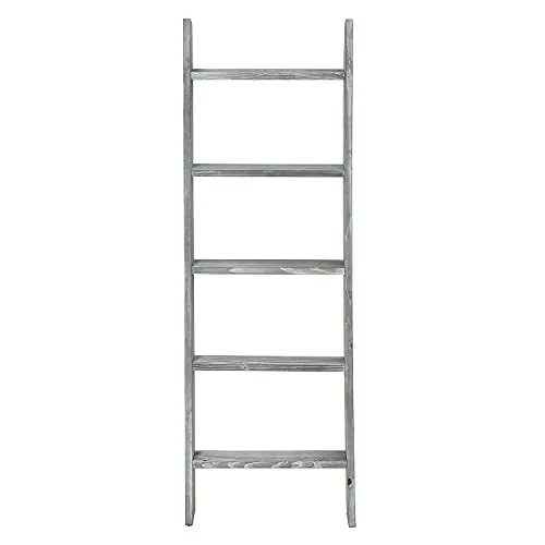 Liry Products Rustic Stone Gray Wood Wall Leaning Ladder Wooden Display Rack 4.5 Feet Blanket Quilt Scarf Towel Laundry Decor 5 Rungs Farmhouse Country Style Home Bathroom Kitchen Bedroom Living Room