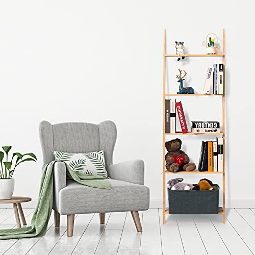 PARANTA Wooden 5-Tier Ladder Shelf Bookshelf, Wall-Leaning Bookcase, Plant Flower Stand, Corner Display Rack for Living Room Bathroom Office, Natural