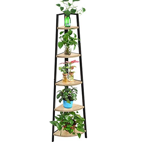 SpringSun 5-Tier Corner Ladder Wood Shelf, Display Rack Multipurpose Bookshelf and Plant Stand for Living Room and Office