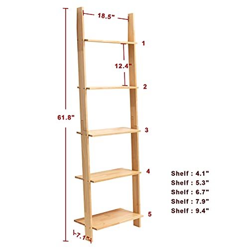 PARANTA Wooden 5-Tier Ladder Shelf Bookshelf, Wall-Leaning Bookcase, Plant Flower Stand, Corner Display Rack for Living Room Bathroom Office, Natural