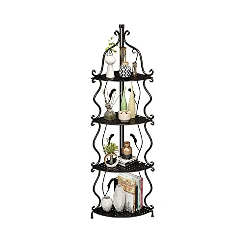 CNNINGYI Tall Matel Corner Shelf, 4 Tier Modern Corner Bookshelf Industrial Corner Ladder Shelf Small Bookcase Plant Stand for Living Room, Kitchen, Home Office (Black)