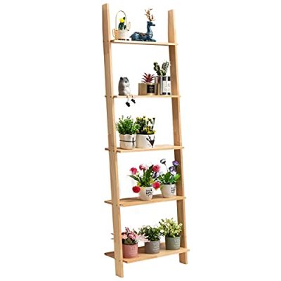 PARANTA Wooden 5-Tier Ladder Shelf Bookshelf, Wall-Leaning Bookcase, Plant Flower Stand, Corner Display Rack for Living Room Bathroom Office, Natural