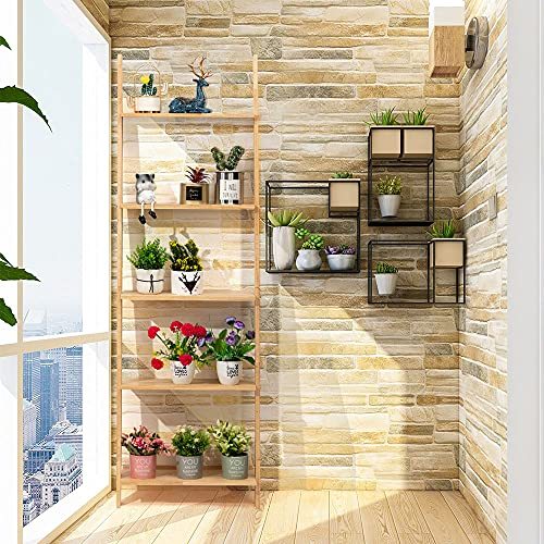 PARANTA Wooden 5-Tier Ladder Shelf Bookshelf, Wall-Leaning Bookcase, Plant Flower Stand, Corner Display Rack for Living Room Bathroom Office, Natural