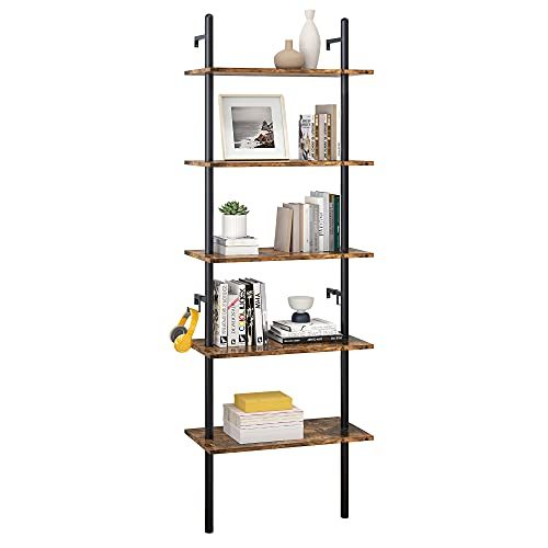 Bestier 70  Wall-Mounted Ladder Shelf 5 Tier Bookshelf with Storage Organizer Plant Flower Display Stand Bookcase Rack with 2 Hooks for Home Office, Rustic Brown