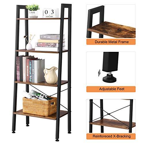 BEWISHOME Ladder Shelf Retro Industrial 4-Tier Bookshelf Bookcase Plant Stand Storage Shelves Multifunctional Organizer for Home Office, Living Room, Bedroom, Kitchen and Bathroom JCJ01Z
