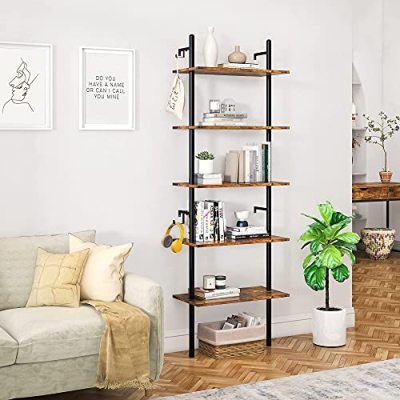 Bestier 70  Wall-Mounted Ladder Shelf 5 Tier Bookshelf with Storage Organizer Plant Flower Display Stand Bookcase Rack with 2 Hooks for Home Office, Rustic Brown