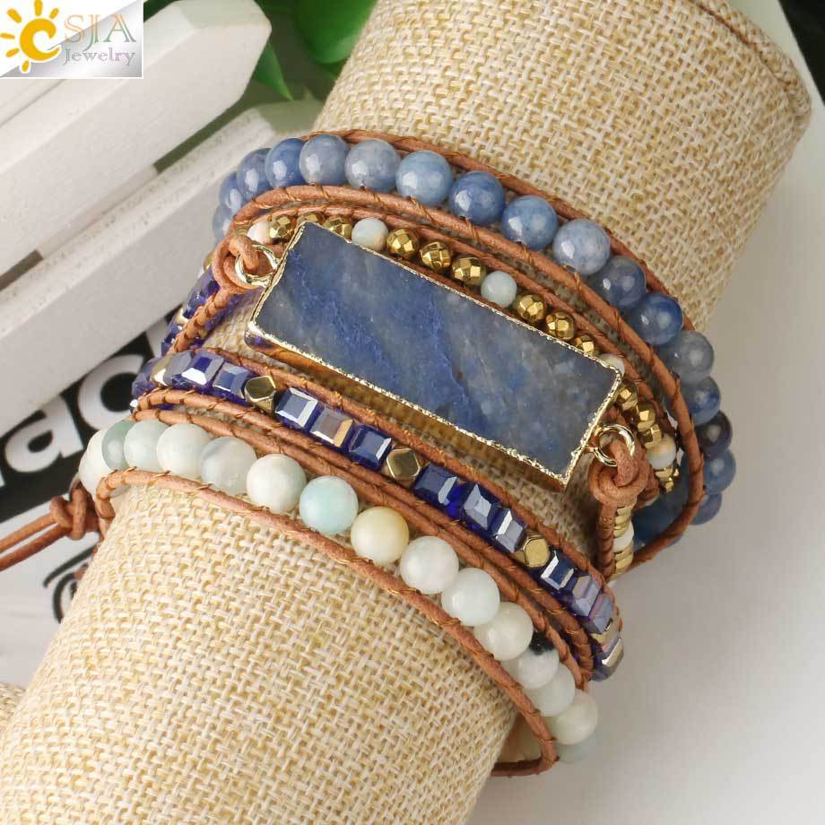外贸热卖欧美手链牛皮绳蓝东陵缠绕多层手链手工编织串珠个性手饰