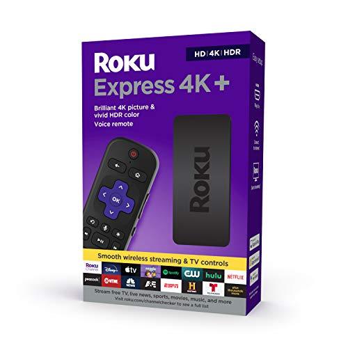 Roku Express 4K+ 2021 | 流媒体播放器 HD/4K/HDR 带流畅无线流和 Roku 语音遥控器 带电视控制,包括高级 HDMI 电缆