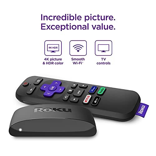 Roku Express 4K+ 2021 | 流媒体播放器 HD/4K/HDR 带流畅无线流和 Roku 语音遥控器 带电视控制,包括高级 HDMI 电缆