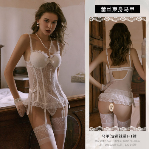 曼烟情趣内衣女式欧美性感吊带蕾丝束身马甲连体衣制服套装9343