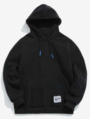 Solid Pouch Pocket Fluffy Hoodie - Black 124179
