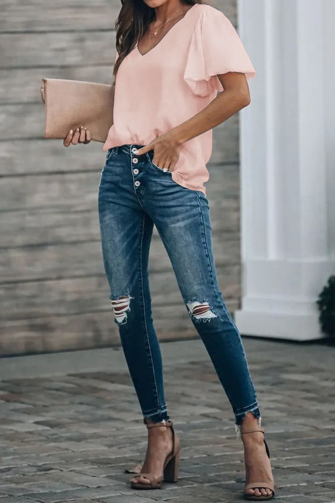 粉色V领泡泡袖宽松休闲女式上衣