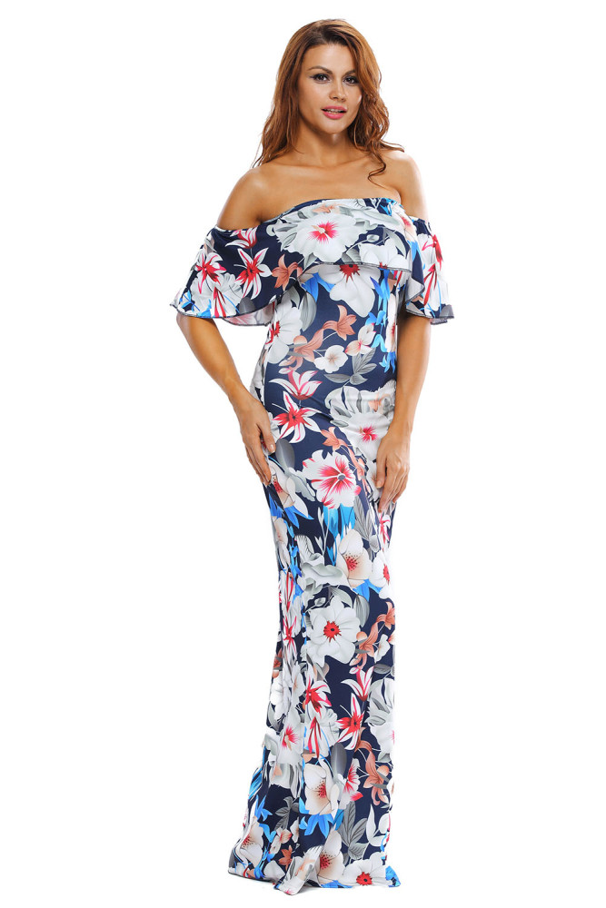 碎花印花一字领皱褶荷叶边短袖连衣裙