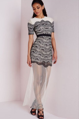 Black Lace Overlay Sheer Mesh Extension Maxi Dress