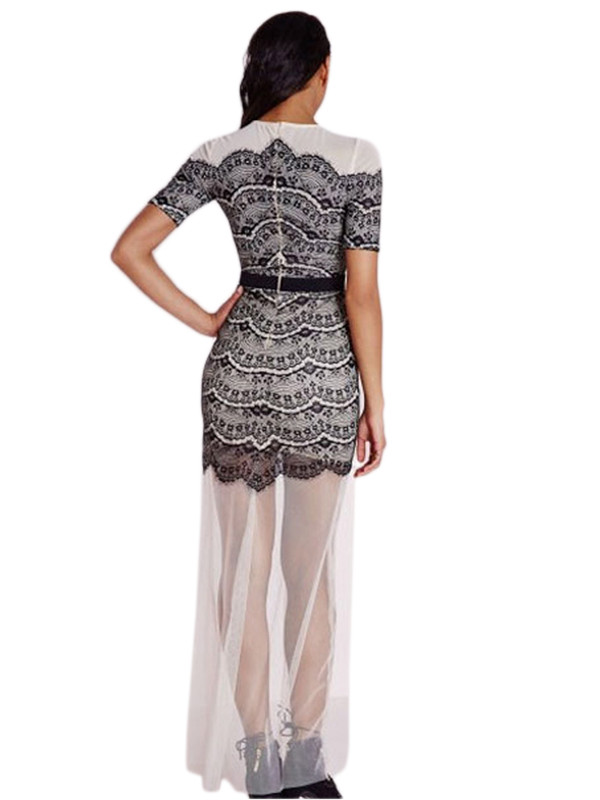 Black Lace Overlay Sheer Mesh Extension Maxi Dress