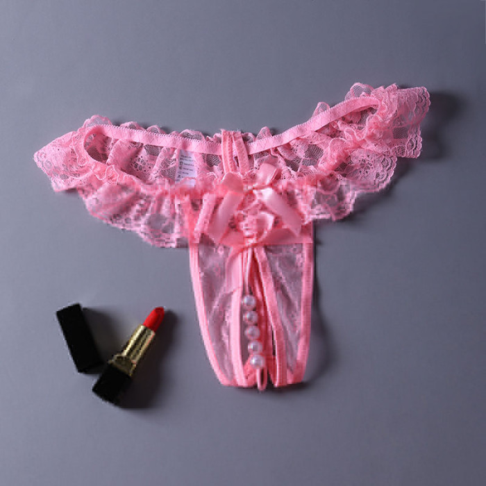 Pink Sheer Lace Ruffle Beaded Open Crotch G-string