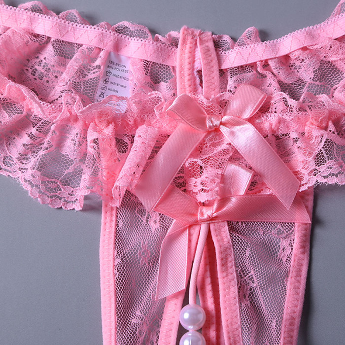 Pink Sheer Lace Ruffle Beaded Open Crotch G-string