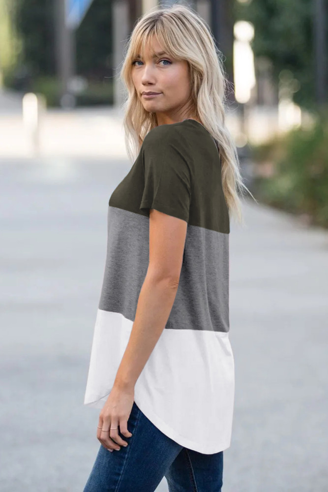 绿色经典V领短袖三色块设计时尚休闲T恤