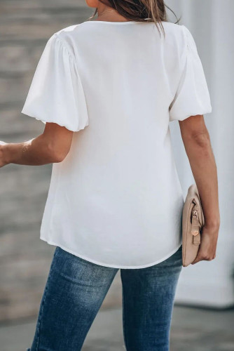 白色V领泡泡袖宽松休闲女式上衣