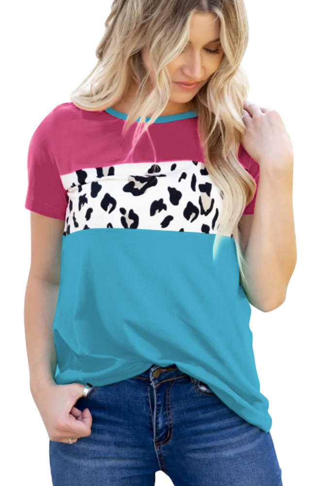 玫红色短袖圆领动物斑纹时尚拼色女士T恤上衣