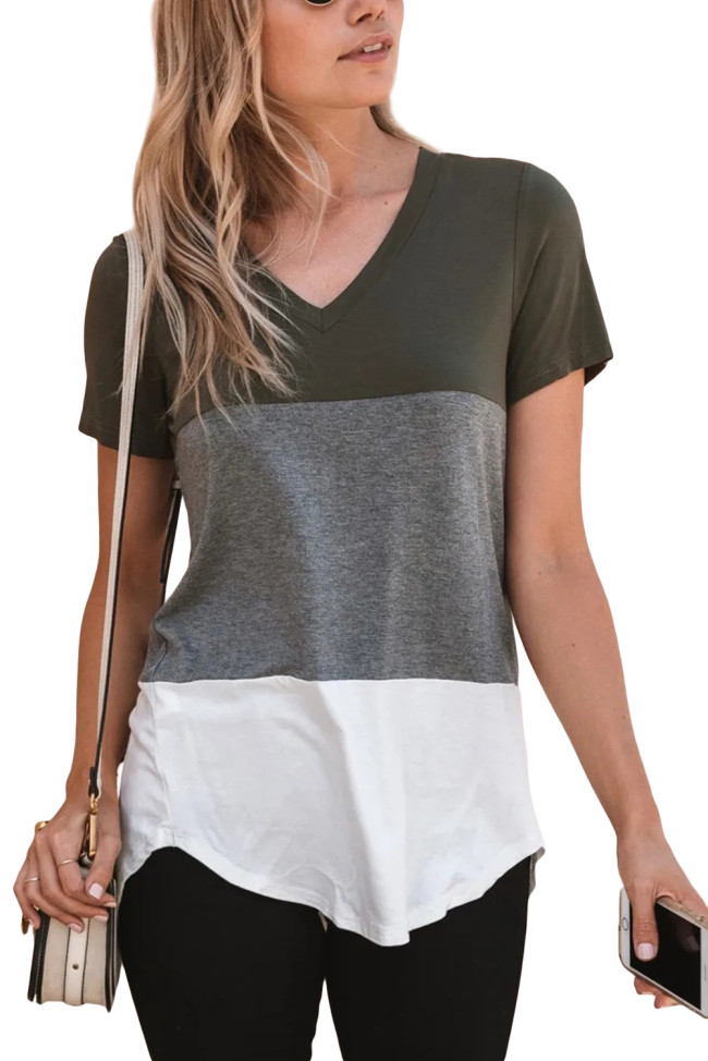 绿色经典V领短袖三色块设计时尚休闲T恤