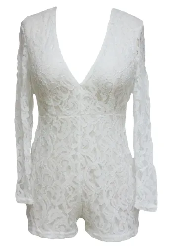 White Alluring Deep V Neck Long Sleeve Lace Romper