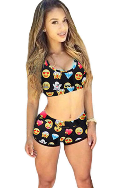 Funny Emoji Print Sporty Bathing Suit