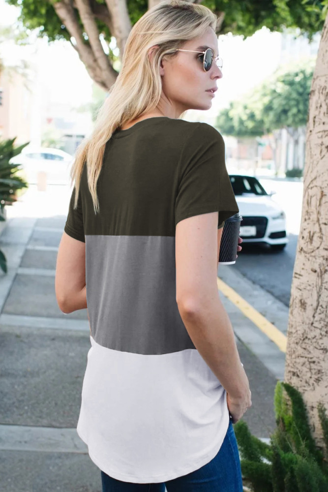 绿色经典V领短袖三色块设计时尚休闲T恤