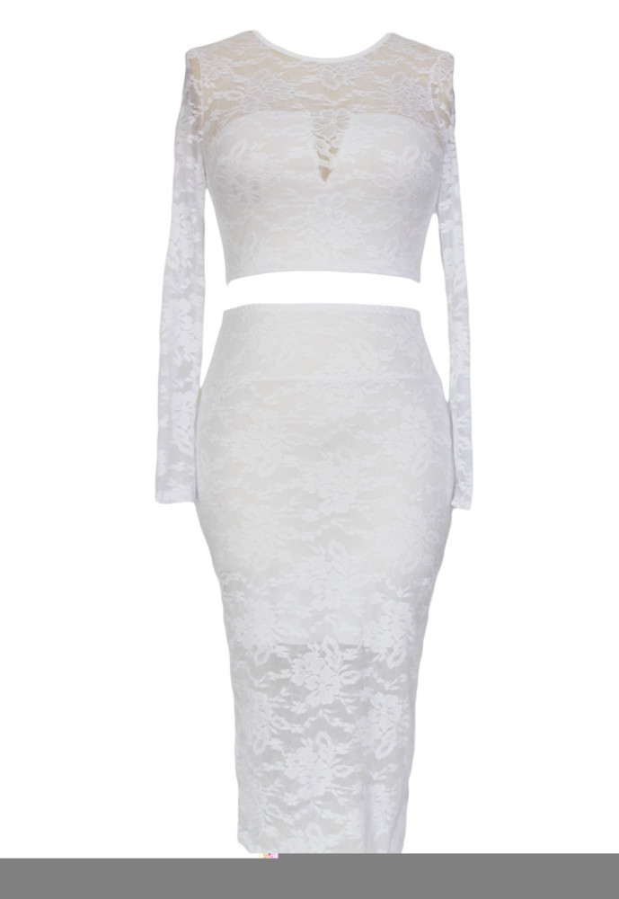 White Lace Overlay Long-sleeve Skirt Set