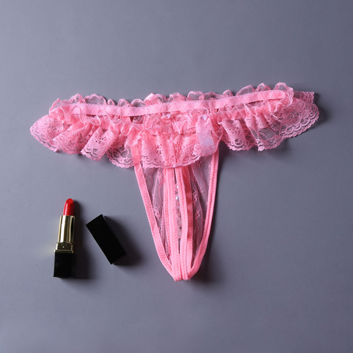 Pink Sheer Lace Ruffle Beaded Open Crotch G-string