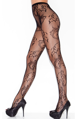 Black Sheer Floral Swirl Fishnet Pantyhose