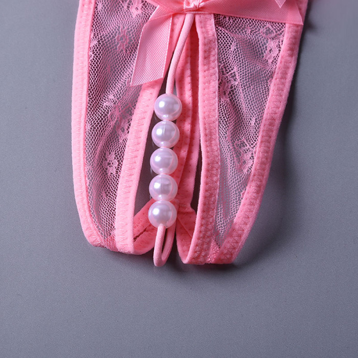 Pink Sheer Lace Ruffle Beaded Open Crotch G-string
