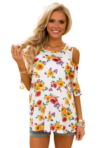 Yellow Pink Floral Print White Background Womens Top