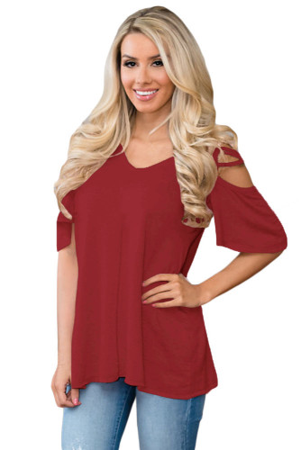 Wine Cold Shoulder Crisscross Detail Relaxing Fit Top