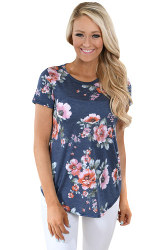 Charcoal Short Sleeve Round Neck Floral Printed Womens T-shirt
