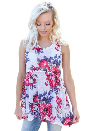 Ivory Floral Pompom Lace Trim Flowy Tank Top