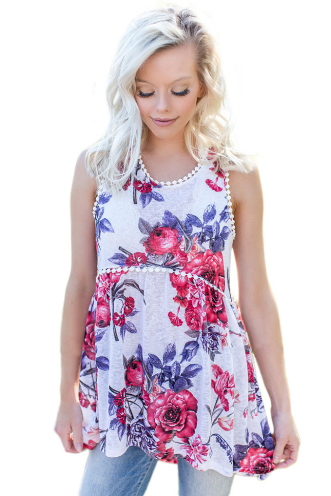 Ivory Floral Pompom Lace Trim Flowy Tank Top