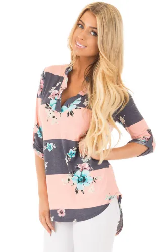 Blush Charcoal Striped Floral Print Split V Neck Tunic