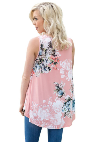 Pink Floral Print High Neck Tank Top